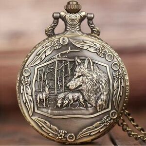 Retro Nostalgic‎ Three-dimensional Wolf Head Embossed Large Pocket Watch